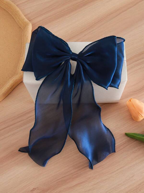 1pc Navy Blue Mesh Extra Large Bow Wavy Ribbon Spring Clip Elegant Gentle Hair Clip Hair Accessory, Spring