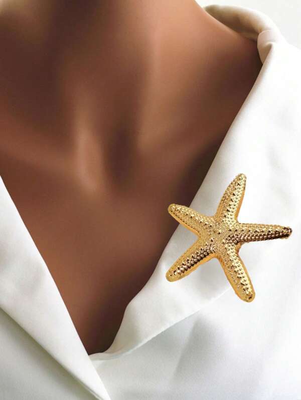 1pc Retro Minimalist Gold-Tone Metal Starfish Brooch Pin, Beach Style Suitable For Men And Women, Summer