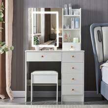 Teousev Dressing Makeup Table Set With LED Lighted Mirror,Large Drawers & Stool Vanity White,3 Color Modes Light Mirror Bedroom-White - White - View 3