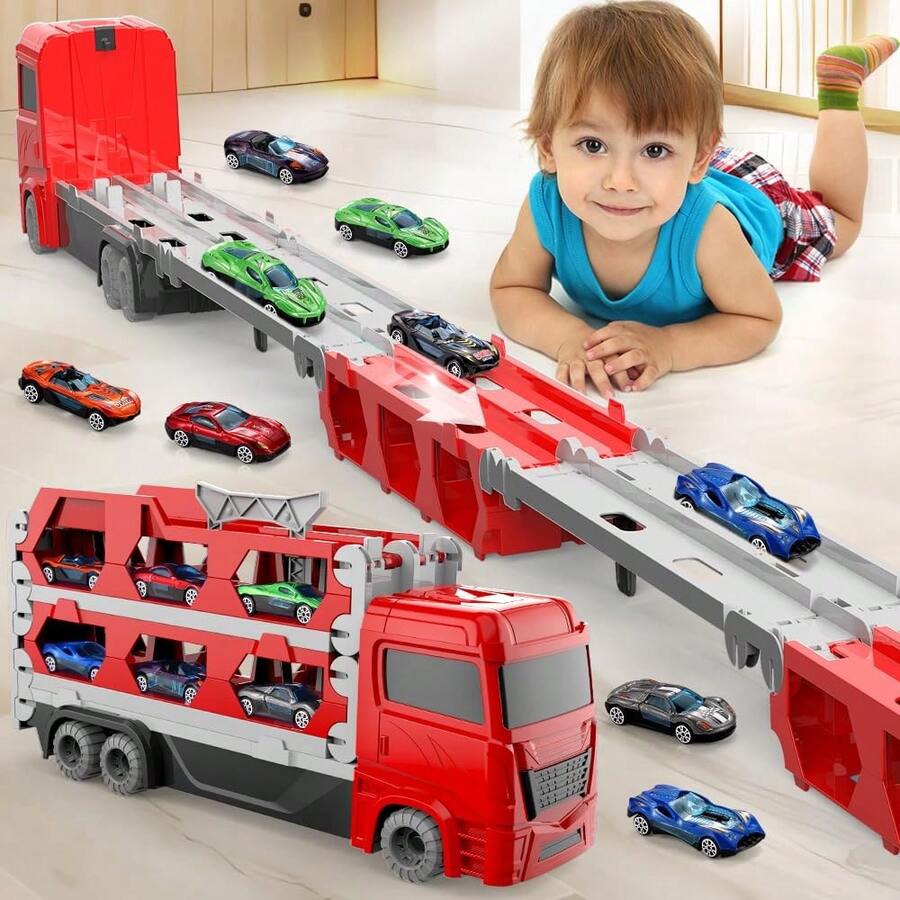 61 英寸双轨和发射器玩具卡车套装，包括 2 辆金属汽车和可折叠存储运输卡车，适合 2-6 岁男孩和女孩的车辆玩具礼物