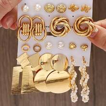 2025 New 10/22 Vacation Simple Exaggerated European And American Gold Style Butterfly Flower Twisted Polygon Imitation Pearl Women's Earrings Stud Set Women's Party Travel Holiday Essential Date - 金色 - 查看 10