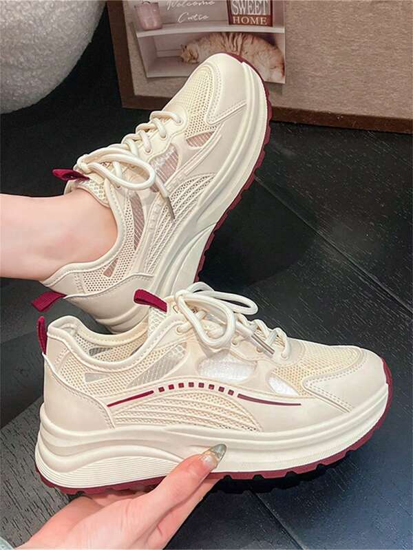 Dames crèmekleurige, ademende sportschoenen met mesh en gemengde kleuren, schokabsorberend dik zoolontwerp voor lichtgewicht en comfortabel lopen, geschikt voor dagelijks woon-werkverkeer, casual en sportieve activiteiten