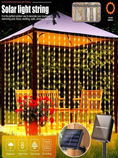 1pc 3x1/3x2/3x3M Solar Curtain Fairy String Lights, Solar String Lights 100/200/300 LED, Window Fairy Lights Solar Powered IP65 Waterproof, Twinkle String Lights 8 Modes For Home Garden Patio Porch Backyard Wedding Party Christmas Decoration(Warm White,Muti Color,Cold White)