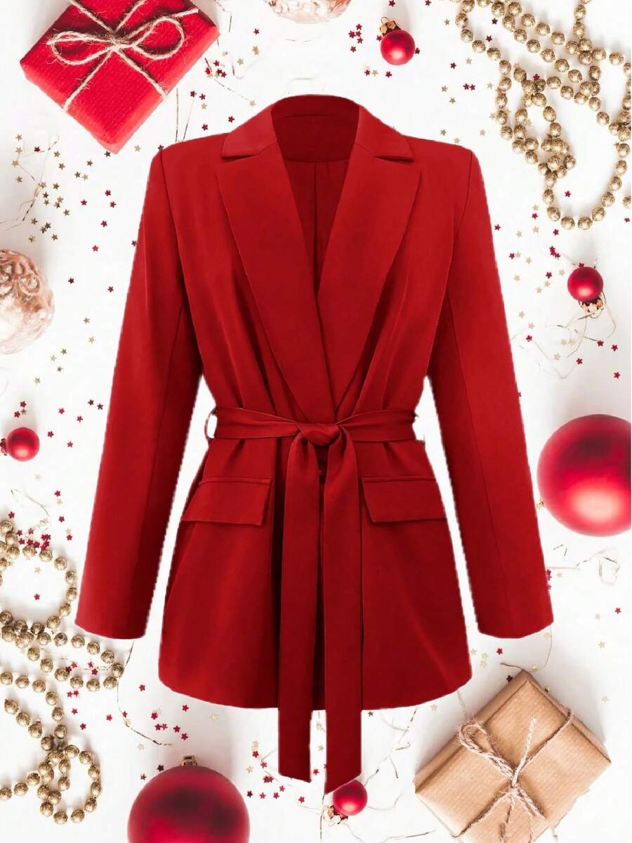 Elegante, lässige figurbetonende Damenjacke mit Bindegürtel, Frühling & Sommer, eleganter Stil für die Büroarbeit, modisch für den informellen Weg zur Arbeit - Rot - Übersicht 1