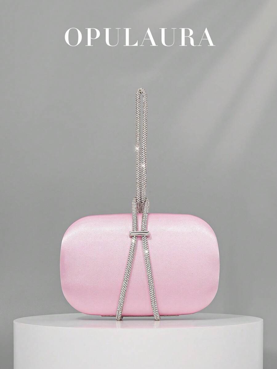 OpulAura European & American Fashion High-End Satin Box-Shaped Evening Bag, Gala Party Bag, Luxury Sparkling Rhinestone Chain Decor Formal Evening Clutch, Elegant Black Formal Handbag, Suitable For Ball, Party, Wedding, Birthday Party And Bridal Use - Pink - View 1