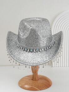 1pc Unisex Metallic Shine Solid Color Cowboy/Cowgirl Hat With Colorful Gems Studded Belt, Bling Tassel Accent, Suitable For Birthday Party, Western Theme Event, Gathering, Cosplay, Graduation, Masquerade, Festival, Wedding, Birthday Celebration, Music Festival, Coming Of Age Ceremony Thanksgiving Christmas Winter Holiday Outfit Women