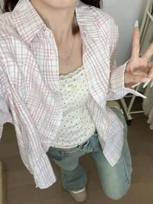 复古格子衬衫女款，韩版秋季新款宽松长袖中长款上衣外套 白色 - 白色 - 查看 4