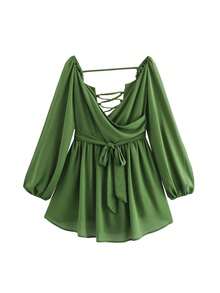 Temptaria Robe en mousseline plissée à col V profond et dos nu pour femmes, robe mini en mousseline sexy, printemps - Vert - Voir 5