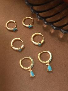 6 件套时尚独特设计高端绿松石镶嵌耳环套装，女士珠宝礼物 - 金黃色 - 查看 7