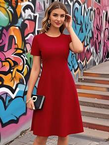 Cuello redondo de mujer, vestido casual de color sólido, manga corta, dobladillo suelto, tejido suave, diseño elegante de estilo sencillo, de moda y cómodo, perfecto para fiestas, vida nocturna, citas, viajes de primavera y verano, ir de compras y ropa casual diaria. - Burdeos - Ver 2