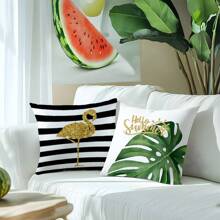 4pcs Black & White Striped, Gold Pineapple, Flamingo, Green Watercolor Leaves, Gold Heart, Printed Pillow Covers [No Pillow Insert], 17.7*17.7in (45*45cm), [Single-Sided Printing] Polyester Throw Pillow Covers For Sofa, Bed, Living Room, Bedroom, Car, Office, Hotel Decoration, Suitable For All Seasons, Perfect Gift For Family And Friends