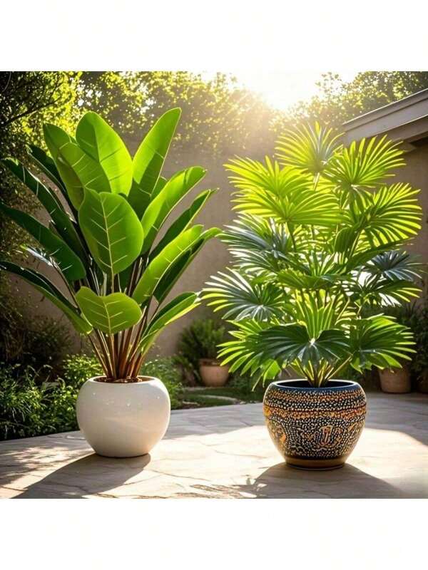 2pcs Large Artificial Plants Set - Artificial Palm And Banana Tree, Fake Plants For Garden Decor, UV Resistant Faux Plants With Green Leaves, Perfect For Homes, Offices, Hotels, Gardens, Terraces, Wedding And Festival Decorations, Suitable For Indoor/Outdoor , Home Decor, Garden Decor(Without Pot)