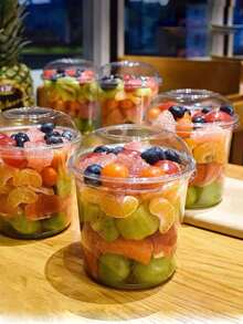 10个带盖透明圆形包装杯，时尚水果沙拉、酸奶和果汁杯 - 白色 - 查看 5