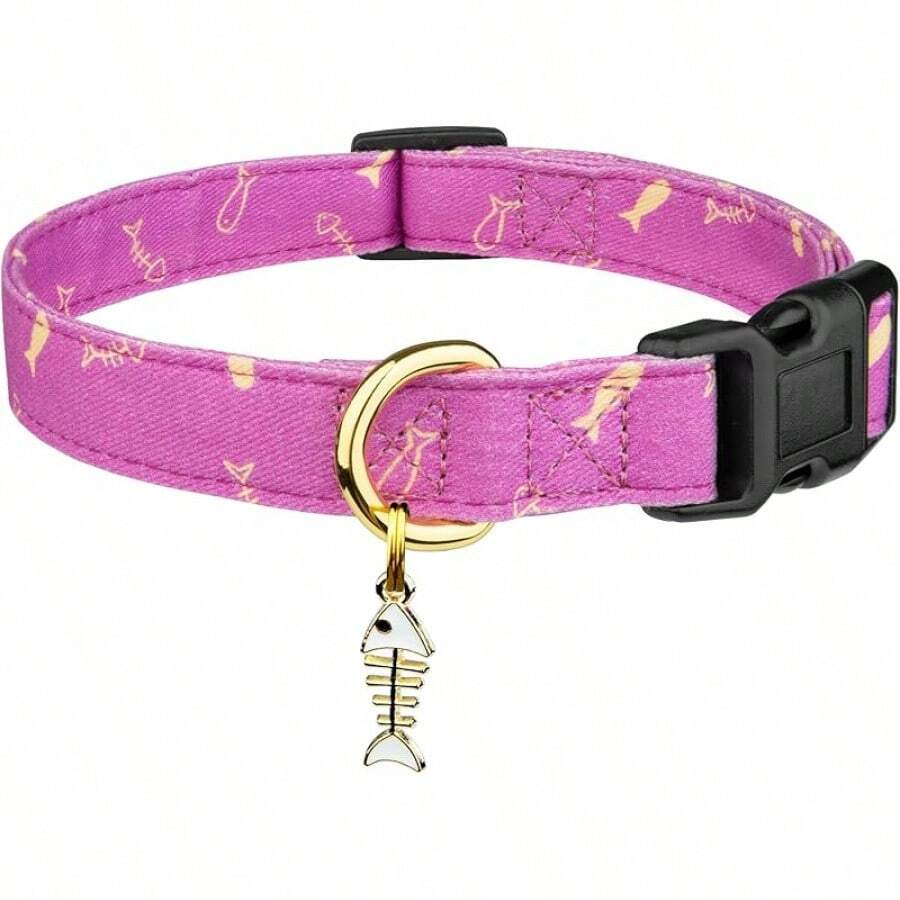 Collar de perro hecho a mano de algodón con patrones lindos y distintivos, rosa con colgante para perros niña y niño, talla - Pez morado - Ver 1