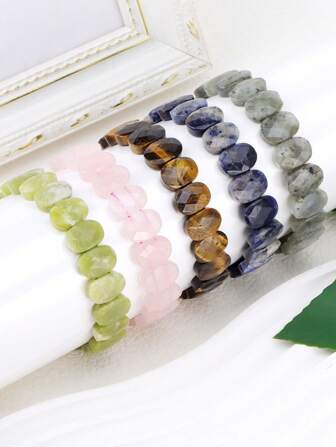 1pc CSJA Natural Stone Bangle Bracelet For Men Women Healing Oval Faceted Bead Obsidian Rose Quartz Rock Crystal Tiger Eye Bracelets Summer Jewelry Gift H647