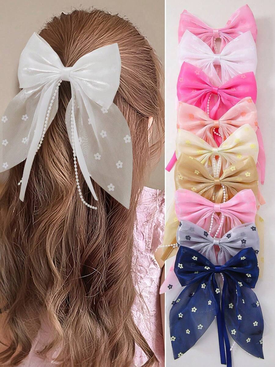 8pcs/Set Girls Floral Print Mesh Beaded Ribbon Chiffon Bowknot Hair Clips, Hair Accessories For Daily Use - Multicolor - View 1