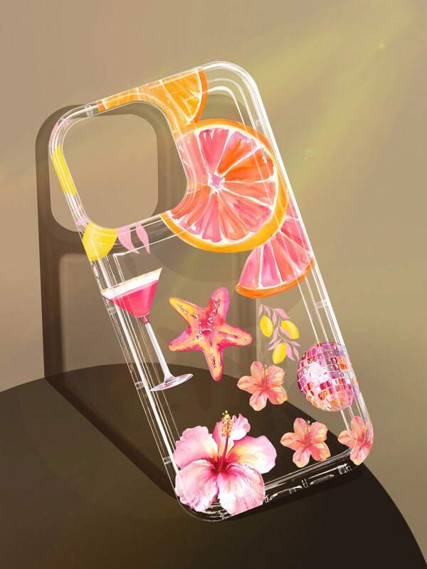 Bloem 1st Roze Hibiscus, Zeester, Sinaasappel en Citroen Cocktailpatroon Airbag Antislip Zachte Telefoonhoes Compatibel met iPhone 11/12/13/14/15/16 Pro Max