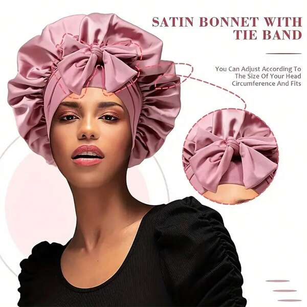 1pc Women Polyester Bow Sleep Cap, Adjustable High Elasticity, Odorless, Silky Nightwear With Drawstring, Protect Curly Texture Hair, Long Hair, Super Stretchy Fabric, Suitable For Sleeping & Shower, Spring/Summer Birthday Gift Back To School