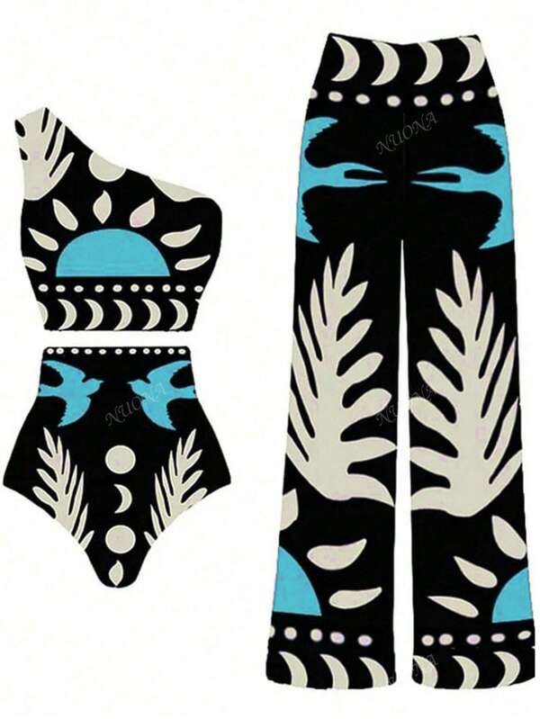 Nuevo conjunto de traje de baño sexy de 3 piezas para mujeres, que incluye pantalones estampados y parte superior con inserto de malla, de moda europea y americana