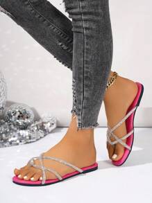 Women's Elegant Rose Red Sexy Party Cute Fashion Rhinestone Comfortable Soft Round Toe Flat Sandals, Spring/Summer
