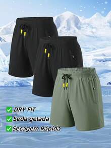 Kit 3 Bermuda Shorts For Men, Imported Shorts For Men, Polyamide, Ice Silk, Gym, Elastane, Casual, Quick Drying - 綠色 - 查看 3