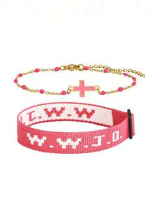 1 Pair WWJD What Will Jesus Do Letter Jacquard Knit Wristband Bracelet & Cross Decor Bohemian Beaded Bracelet Inspirational Christian Jewelry Set For Women Men For Daily Wearing