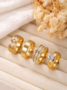 4/5 Pieces Fashionable And Exquisite Stainless Steel Ring 18k Gold Plated With Diamonds Round Square Ring Suitable For Women'S Daily Wear Dating Play Wedding Engagement Holiday Gift Jewellery