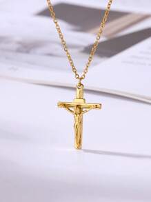 Colar com pingente de cruz cristã de Jesus, 1 peça, para mulheres e homens, correntes de aço inoxidável, gargantilha religiosa, joias, oração, presentes de batismo