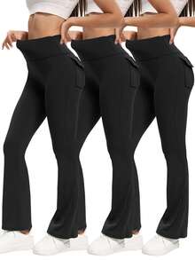 3 Pack Bootcut Yoga Pants With Pockets For Women - Flared Leggings High Waist Womens Trousers Tummy Control With 2 Pockets -No Perspective Exercise-Stretchy & Breathable Fabric - Suitable For Yoga, Fitness & Everyday Wear - Perfect Gift For Women,3pcs Leggings Set,Gym Clothes Women Set,Workout Sets(If You Are Between Sizes, We Recommend Sizing Up) - 3 chiếc màu đen - Xem 2