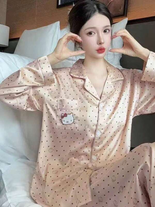 Sanrio Sanrio Authorized 2Pcs/Set Women's Hello Kitty Printed V-Neck Button Short Sleeve Single-Breasted Top And Bow Pants Pajama Set,Summer Pajama Set, Comfortable For Home Use Back To School