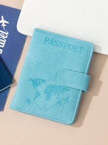 1 pieza Funda para pasaporte con acabado mate de material de PU, con mapa mundial e impresión de letras y diseño fijo, estuche/cartera/bolsa para pasaporte, artículo de viaje esencial para vacaciones, vuelos, regreso a la escuela, hombre y mujer