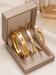 4-Leaf Clover Zirconia Stainless Steel Bracelet & Bangle Set For Women, Fashionable Luxury Accessory For Daily, Party, Couple Date, Gift (No Gift Box Included) - Yellow Gold - View 8