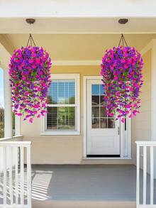 Artificial Silk Morning Glory With Eucalyptus Leaves, UV-Resistant, Realistic Hanging Floral, Artificial Lifelike Flower Plant, Suitable For Outdoor Decoration In Spring And Summer, Artificial Hanging Floral, Suitable For Wedding, Home, Office, Garden, Birthday, Anniversary, Holiday, Graduation Ceremony Decoration (Rose Red) - Multicolor - View 5