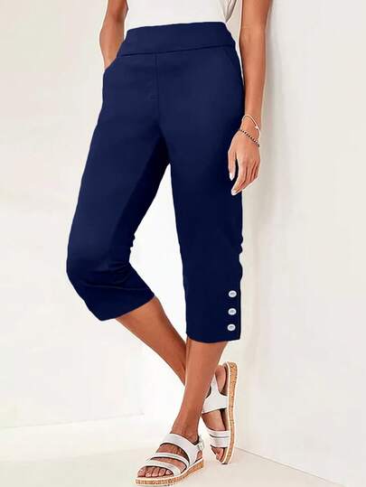 大码女式纯色口袋纽扣休闲七分裤