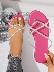 Women's Elegant Rose Red Sexy Party Cute Fashion Rhinestone Comfortable Soft Round Toe Flat Sandals, Spring/Summer