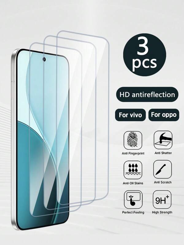 3pcs Ultra HD Tempered Glass Screen Protector, Compatible With OPPO/VIVO Phones, Waterproof, Anti-Scratch, Bubble-Free, Easy Installation Gift For Birthday, Family, Friends Phone Screen Protector, Phone Accessories