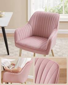 Chaise Salle à Manger, Chaise de Cuisine, Fauteuil en Velours, Rembourrée, avec Accoudoirs, Charge Max. 120 kg, Pieds en Métal, pour Salle à Manger, Rose Bonbon et Doré Clair - Rose bonbon - Voir 2