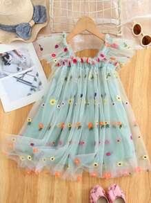 1pc Young Girls Cute Princess Glamorous Butterfly Decor Cap Sleeve Floral Embroidery Tulle Tutu Dress, Party/Birthday/Beach Vacation Dress, For Spring/Summer/Autumn