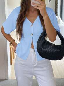 FOR BEAUTY Spring And Summer New V-Neck Short Sleeved Women's Knitted Cardigan, Fashionable And Elegant Temperament, Commuting Top Back To School