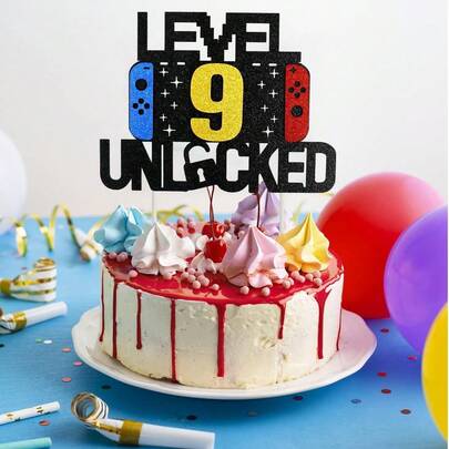 1 件复古游戏玩家主题蛋糕装饰，彩色激光切割数字生日派对蛋糕装饰，带蛋糕旗插入物