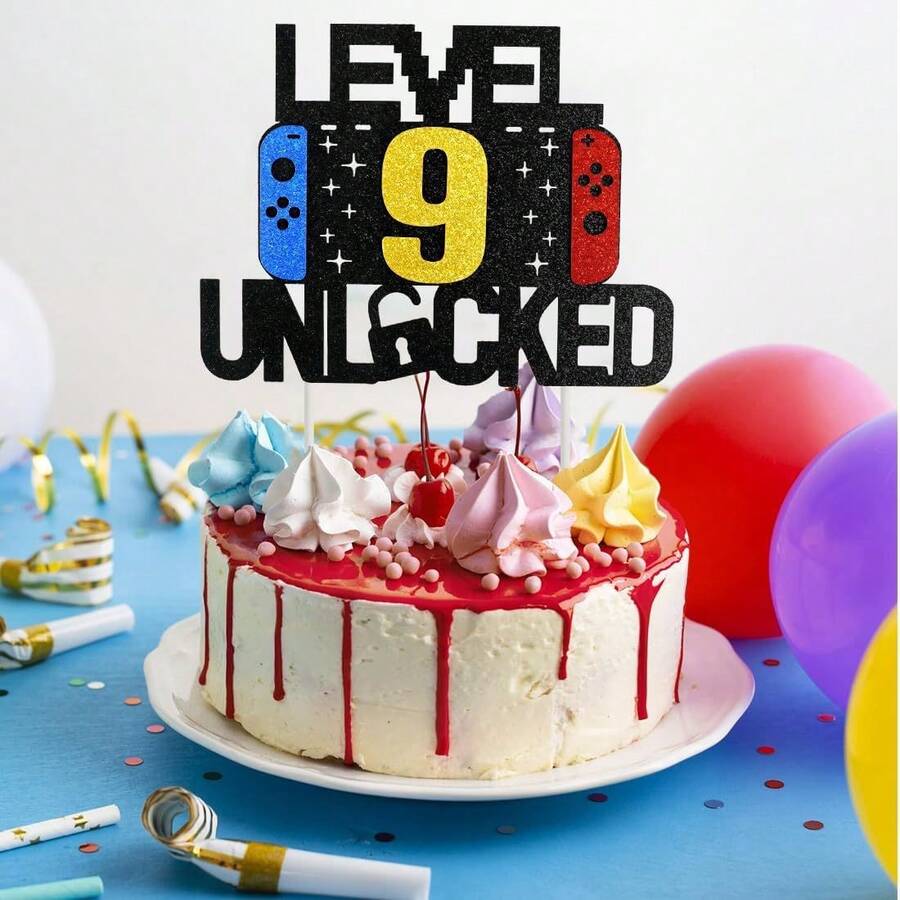 1pc Retro Gamer Theme Cake Topper, Colorful Laser-Cut Number Birthday Party Cake Decorations With Cake Flag Insert - Multicolor - View 1