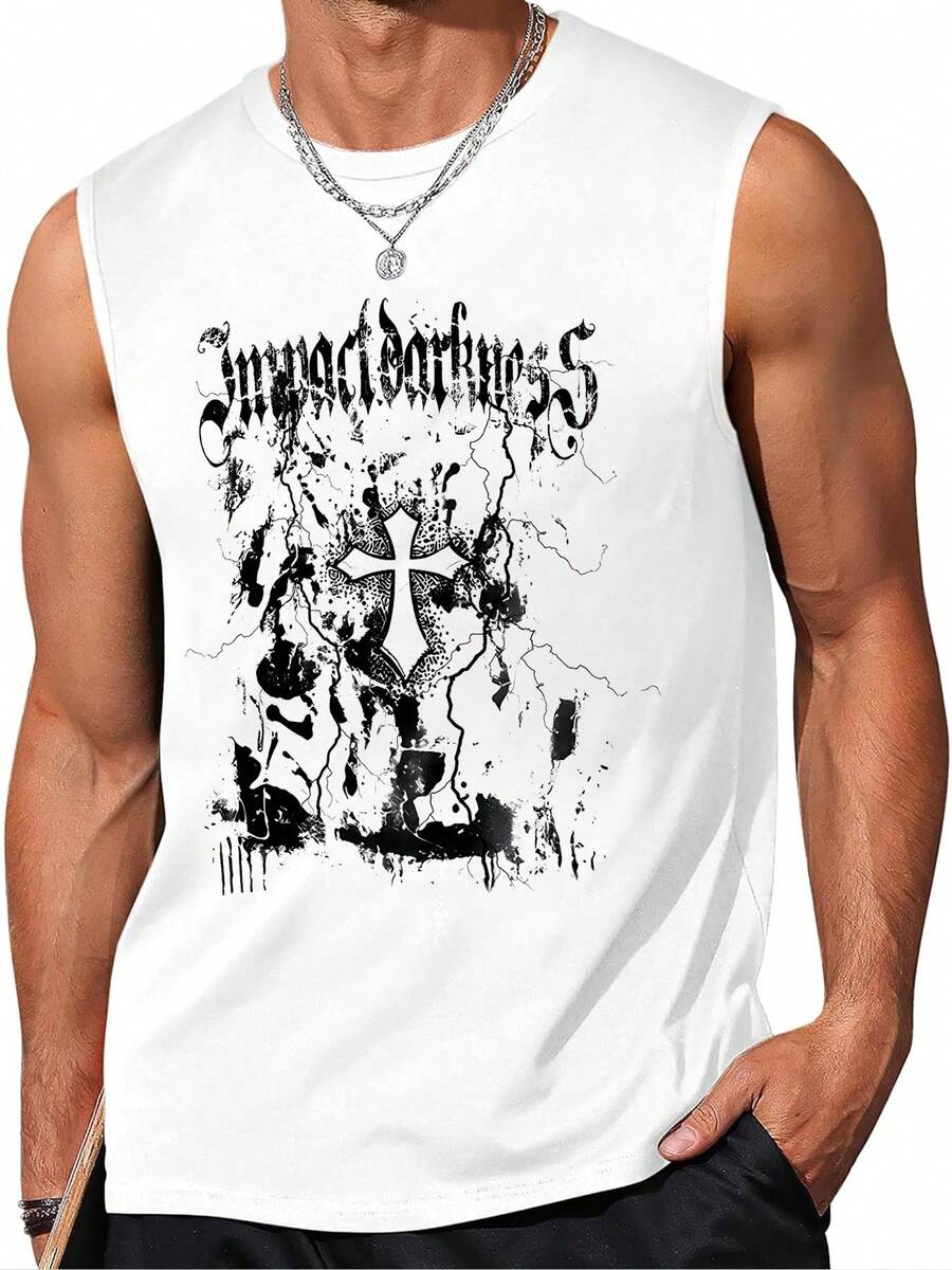 1pcs Gothic Cross Men's Tank Top, Ideal Choice For Summer Workout Gym Fitness Tank Top 100% Pure CottonSuitable For Casual Daily Wear - White - View 1