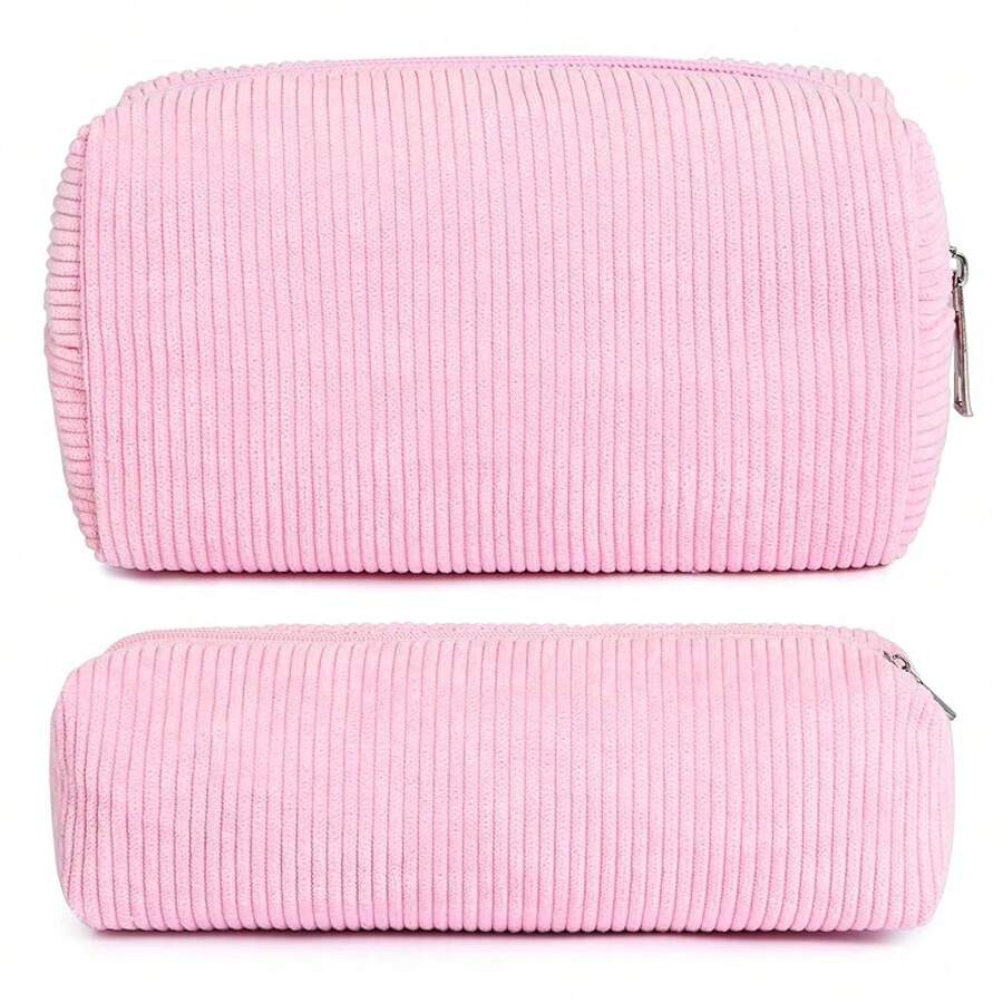 Checkered Makeup Bag Preppy Cosmetic Bag Bulk Blue Makeup Pouch Travel Toiletry Bag Organizer Cute Makeup Brushes Storage Bag Women Fashion - 燈芯絨亮粉紅色 - 查看 1