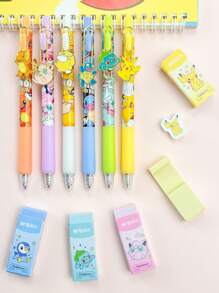 pokemon 6Pcs New Pokémon Pikachu Ballpoint Pen And Sub Mother Eraser Students Less Crumbs Clean And Do Not Leave Marks Cute Pikachu Student Gift A Variety Of Cartoon Patterns Stationery Student Back To School