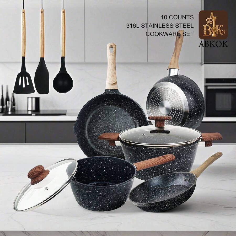 ABKOK 1 pieza/10 piezas Juego de utensilios de cocina antiadherentes - Ollas, sartenes y herramientas de silicona - Compatibles con inducción/gas - Artículos esenciales de cocina duraderos, se venden individualmente sartenes sueltos y juegos de utensilios de cocina