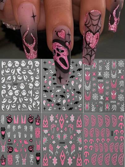 1/2/6 pièces Nouveau Autocollants d'art pour ongles rose paillette d'Halloween, style européen et américain Fantôme, Araignée, Flamme Design, Autocollants de vernis à ongles