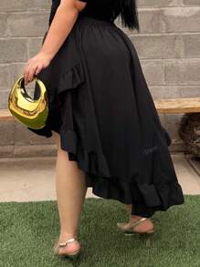Truni Plus Size Women's Black Ruffles Hem Skirt, Vintage Black Layered Skirt