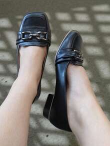 Women's Black Loafers With Heels, ABS Onyx Metal Embellishment, 2.5cm Comfort, Fashion, Shine, Glitter, Woman - 黑色 - 查看 2