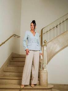 Women's Slim Blazer/ With Belt/ Fake Pockets - Blue - View 5