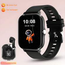 Hot 1 Pair Comfortable Silicone Watch Bands For Men & Women, Upgraded Smart Watch With Wireless Earbuds, Featuring Step Counting, Calorie Tracking, Multiple Sport Modes, Remote Camera, Music Control, Alarm, Message Reminder, 180mAh Battery, 1.83" Full Touch Screen, Compatible With Android & IOS, Great Gift For Holidays